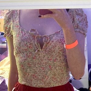 Cream cropped shirt with flowers- size small